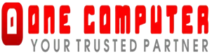 Bold red logo reading 'One Computer' with blocky, distressed lettering on a dark backdrop, representing the brand emblem for One Computer site