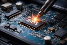 Close-up of a circuit board with a BIOS chip being soldered, showcasing intricate electronic components and connections.