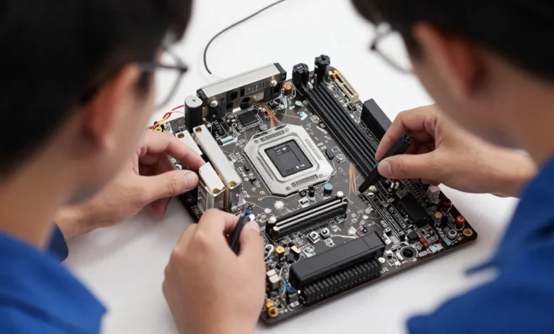 Two individuals examining a computer motherboard with tools, focusing on the central processing unit and circuit components.