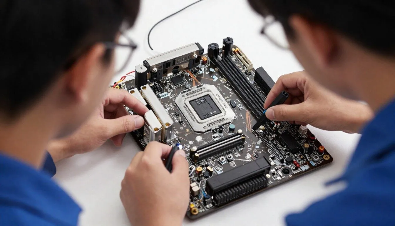 Two individuals examining a computer motherboard with tools, focusing on the central processing unit and circuit components.