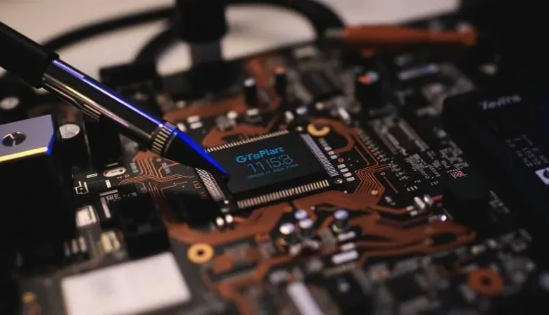 Close-up view of a circuit board with a prominent microchip labeled 'GigaPlatz 11153' and a tool for adjustment.